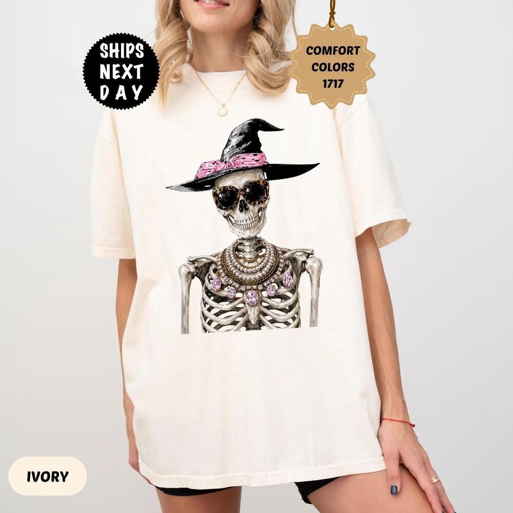 S Glam Witch Skeleton Shirt, Coquette Halloween Skeleton Tee, Gothic Spooky